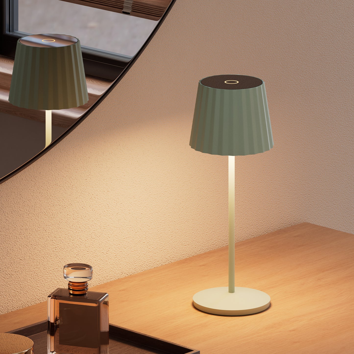 Lot de 6 Lampe de table sans fil LED blanc chaud dimmable ABBY OLIVE H29cm Vert Olive avec plateau de chargement