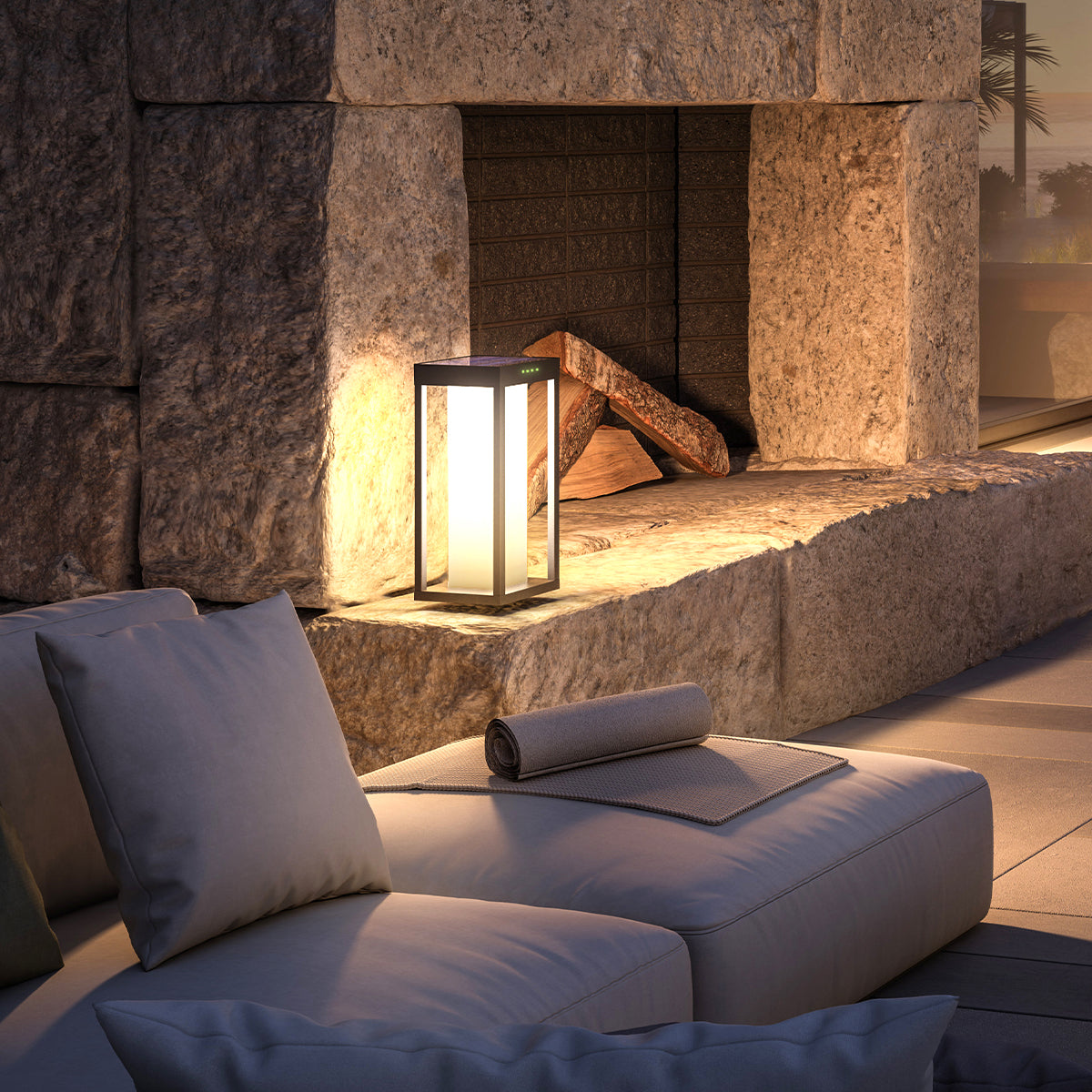 Borne solaire LED blanc chaud RADIA MINI MOON aluminium éclairage puissant H35cm