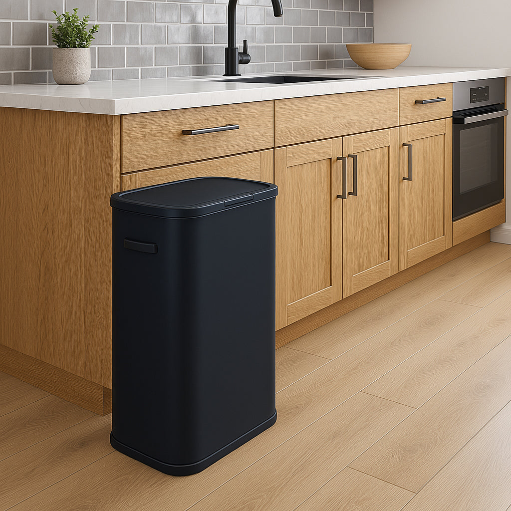 Poubelle de cuisine push 60L PORTLAND en acier Inox NOIR Ouverture par simple pression