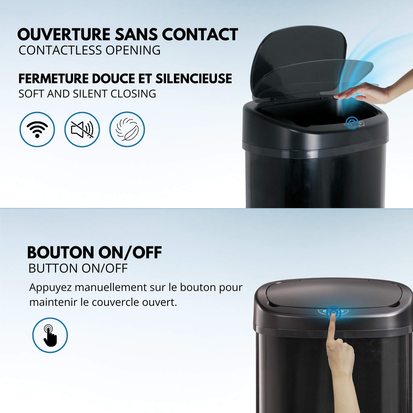 Poubelle de cuisine automatique 58L MAJESTIC grande capacité Noir mat en acier INOX avec cerclage