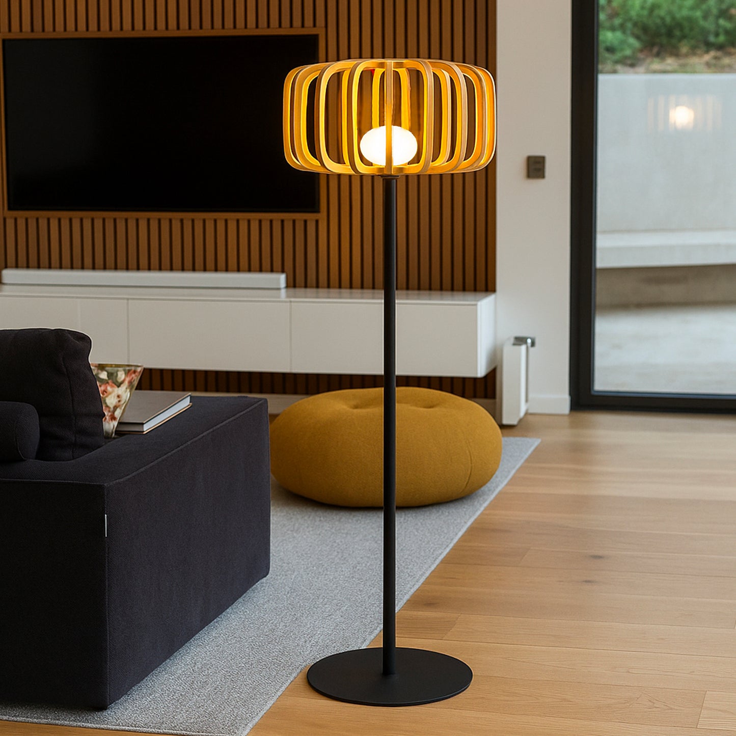 STANDY BAMBOU dimmbare weiße und mehrfarbige LED-Stehlampe mit Metallfuß, kabellos, aus natürlichem Bambus, H150 cm, mit Fernbedienung