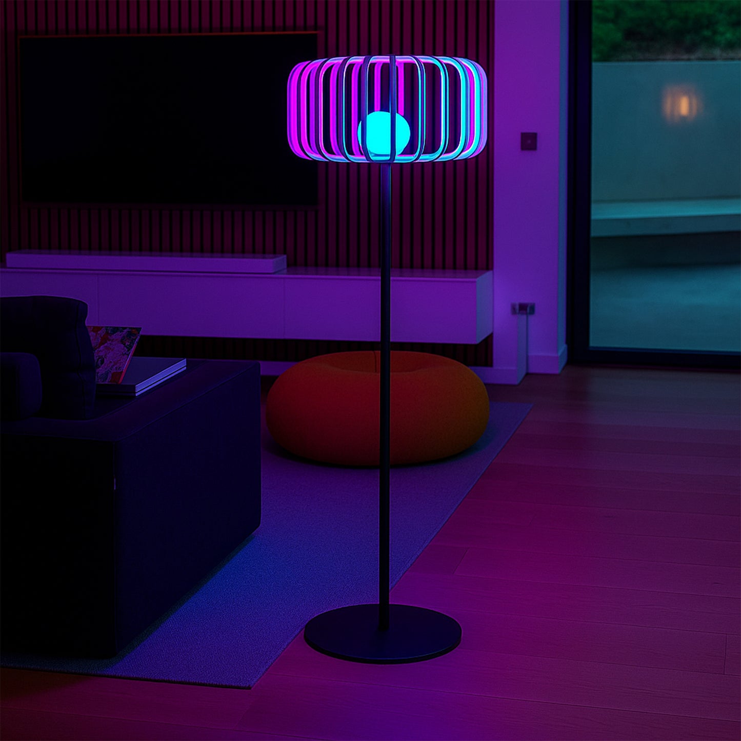 STANDY BAMBOU dimmbare weiße und mehrfarbige LED-Stehlampe mit Metallfuß, kabellos, aus natürlichem Bambus, H150 cm, mit Fernbedienung