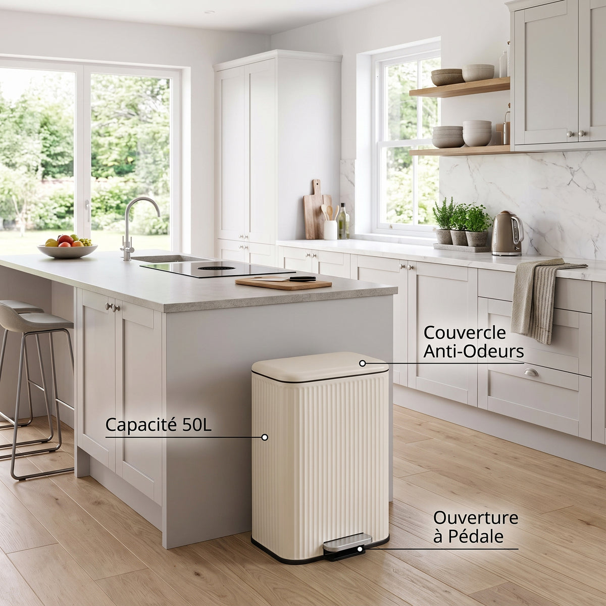 Poubelle de Cuisine à Pédale 50L LINE — Grand Bac à Déchets Rectangulaire Strié en Acier Inoxydable avec Couvercle Soft-Close Anti-Odeurs, Crème Mat