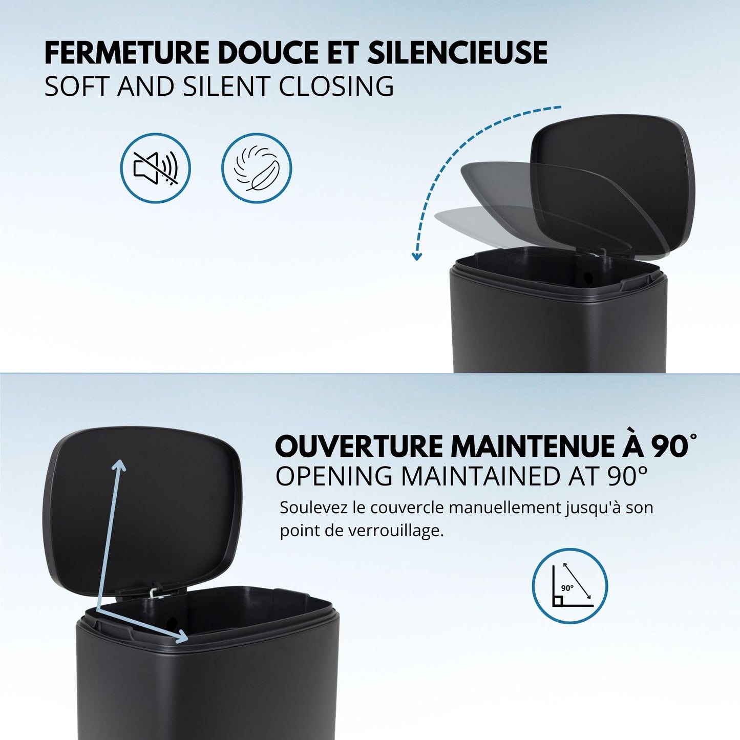 Poubelle de cuisine à pédale 50L Design ADMIRAL Noir mat en acier Inox avec seau et fermeture douce