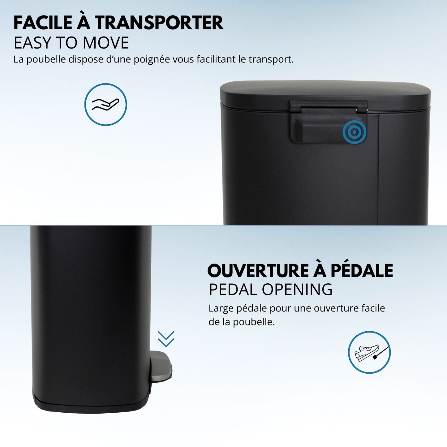 Poubelle de cuisine à pédale 50L Design ADMIRAL Noir mat en acier Inox avec seau et fermeture douce