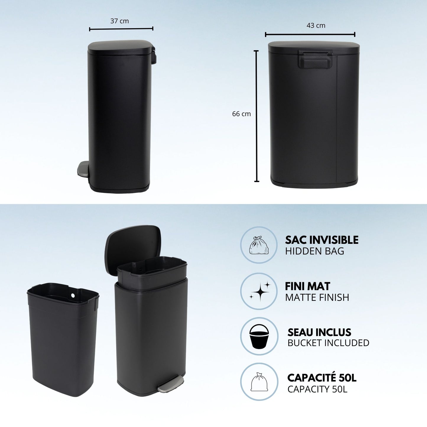 Poubelle de cuisine à pédale 50L Design ADMIRAL Noir mat en acier Inox avec seau et fermeture douce