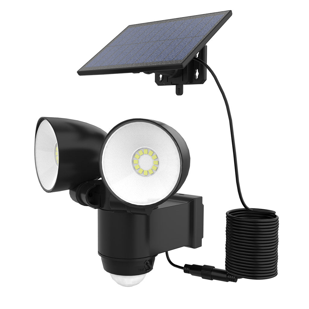 Projecteur solaire deux têtes orientables éclairage puissant panneau solaire déporté LED blanc WALEE BLACK avec détecteur de mouvement H15,4cm