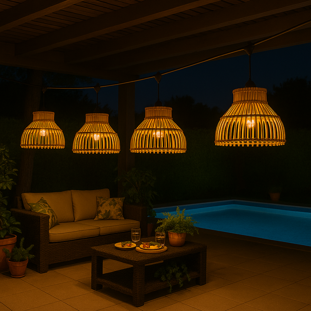 Außen anschließbare Lichterkette mit natürlichem Rattan-Lampenschirm im Bohemian-Stil 7 Glühlampen E27-Fassung warmweiß LED AMELIA LIGHT CONNECTABLE 6m