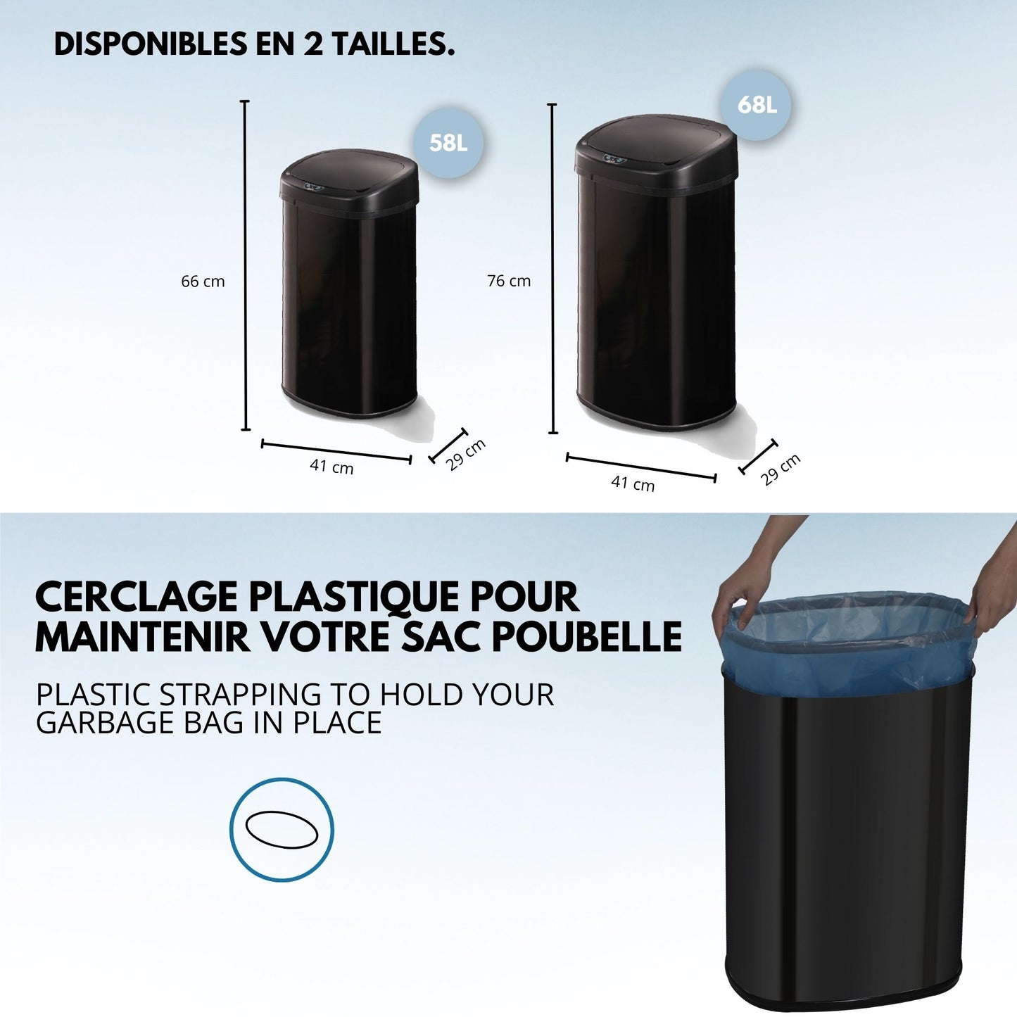 Poubelle de cuisine automatique 68L MAJESTIC grande capacité Noir mat en acier INOX avec cerclage