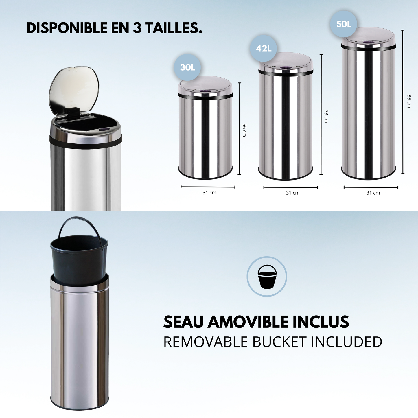 Poubelle de cuisine automatique 42L ARTIC en acier Inox avec seau