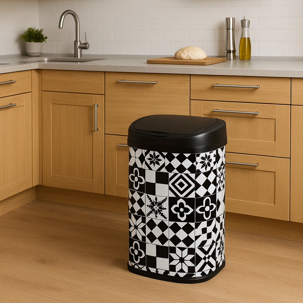 Poubelle de cuisine automatique 58L MAJESTIC Carreau de ciment Noir en acier INOX avec cerclage