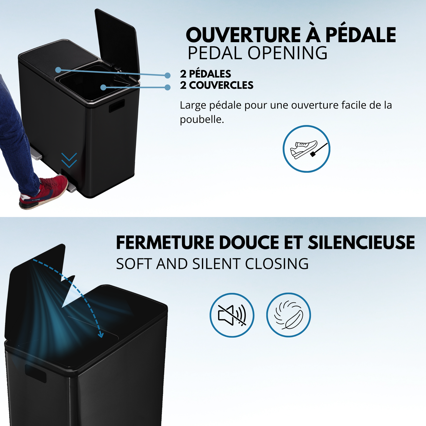 Poubelle de cuisine à pédale tri sélectif grande capacité 60L (2x30L) MAJOR en acier Inox Noir mat