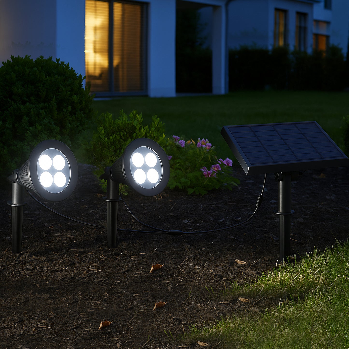 Double spot solaire relié avec panneau solaire déporté 2 en 1 à piquer ou à fixer éclairage puissant LED blanc dimmable FAMILY SPIKY H34cm