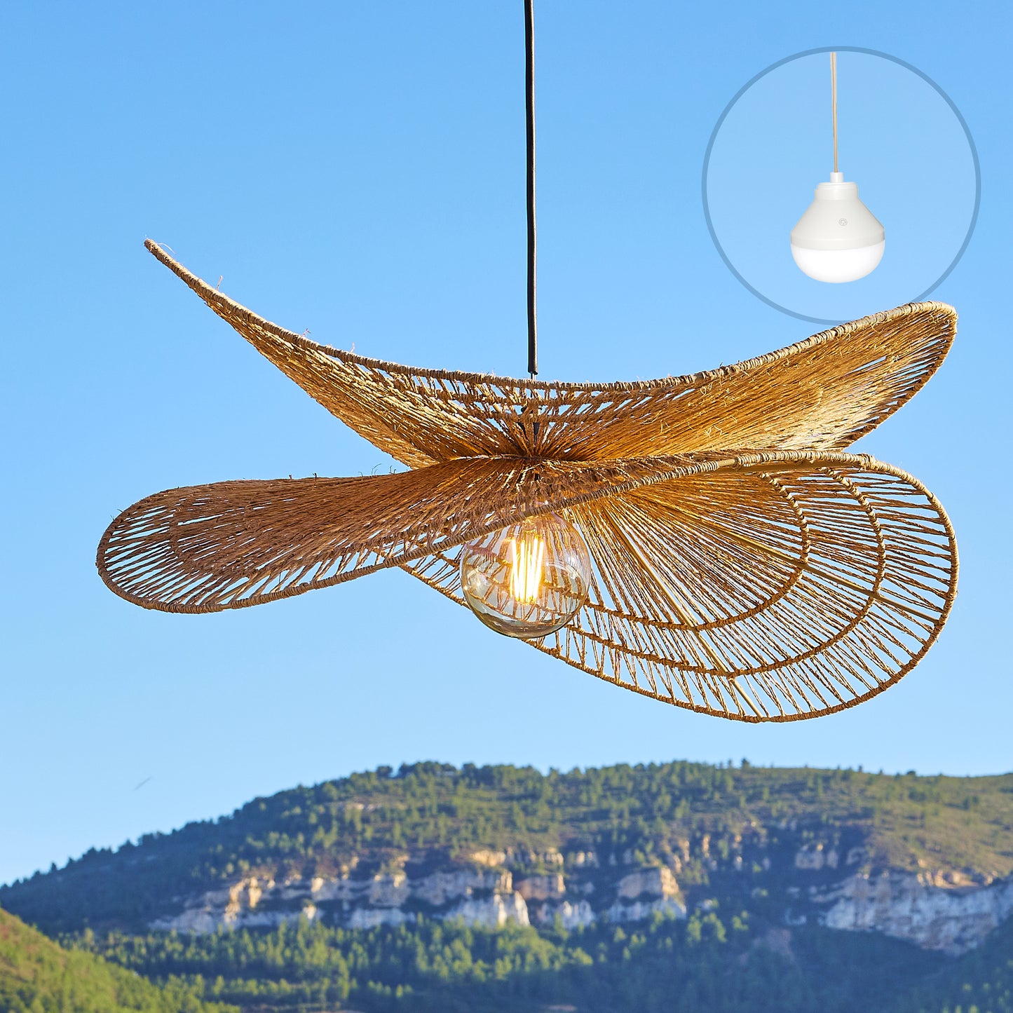 Suspension SOLARA NOMAD en jute naturel style bohème avec ampoule LED nomade