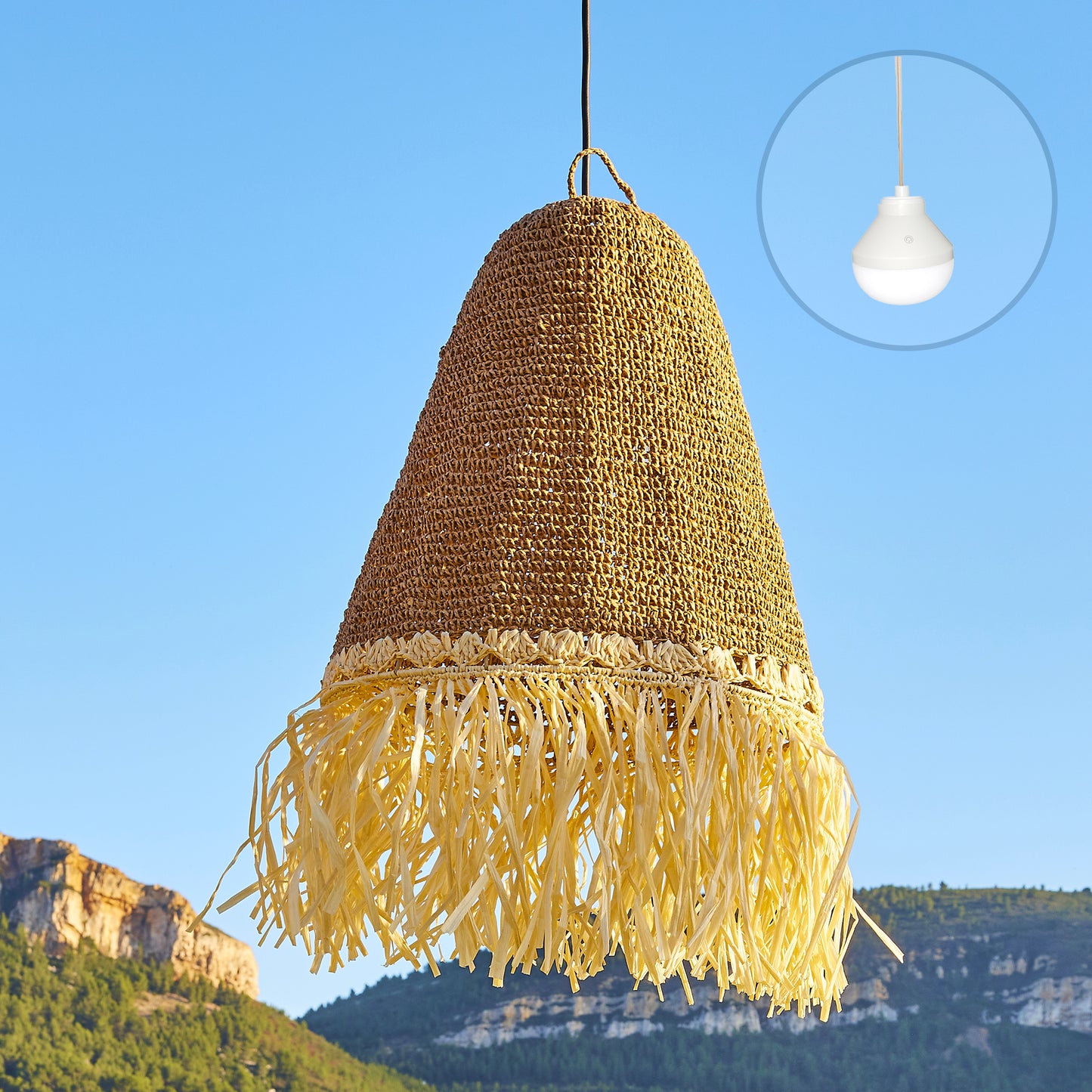 Suspension PALOMA NOMAD en herbe marine style bohème avec ampoule LED nomade