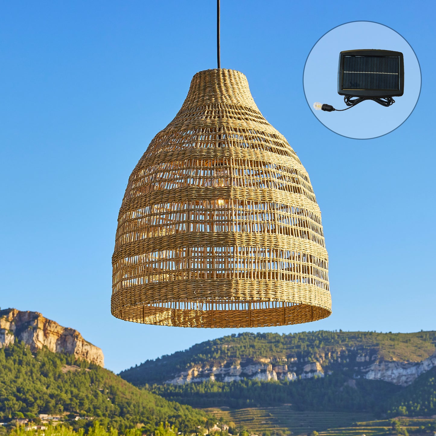 Suspension solaire bohème en herbe marine naturelle style vannerie tressée LED blanc chaud FREYA LONG SOLAR 5m de longueur