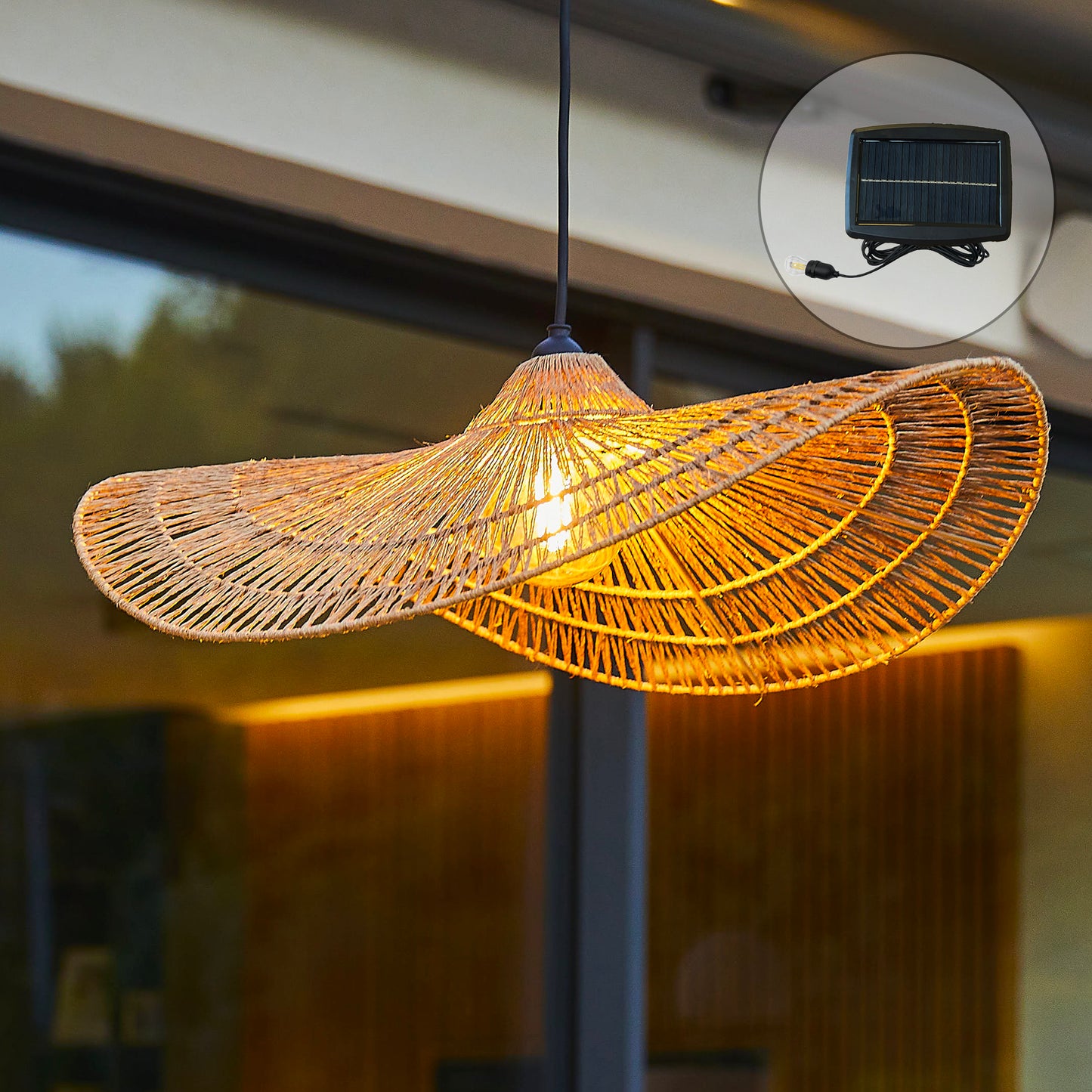 Suspension solaire MARBELLA SOLAR en jute naturel avec câble hybride secteur et solaire 5m de longueur