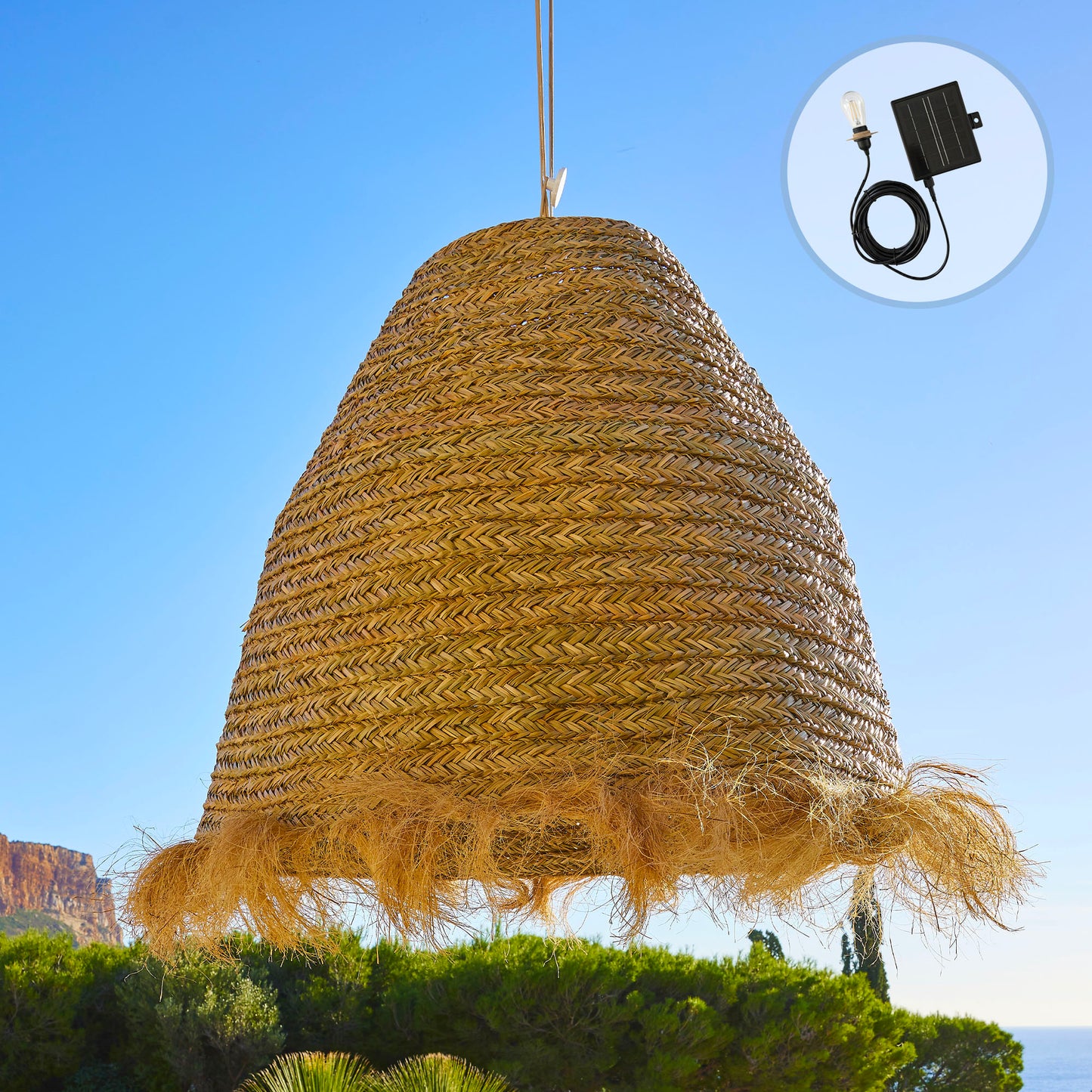 Suspension solaire XXL BIG ANAFI SOLAR en jonc de mer avec câble hybride secteur et solaire 5m de longueur