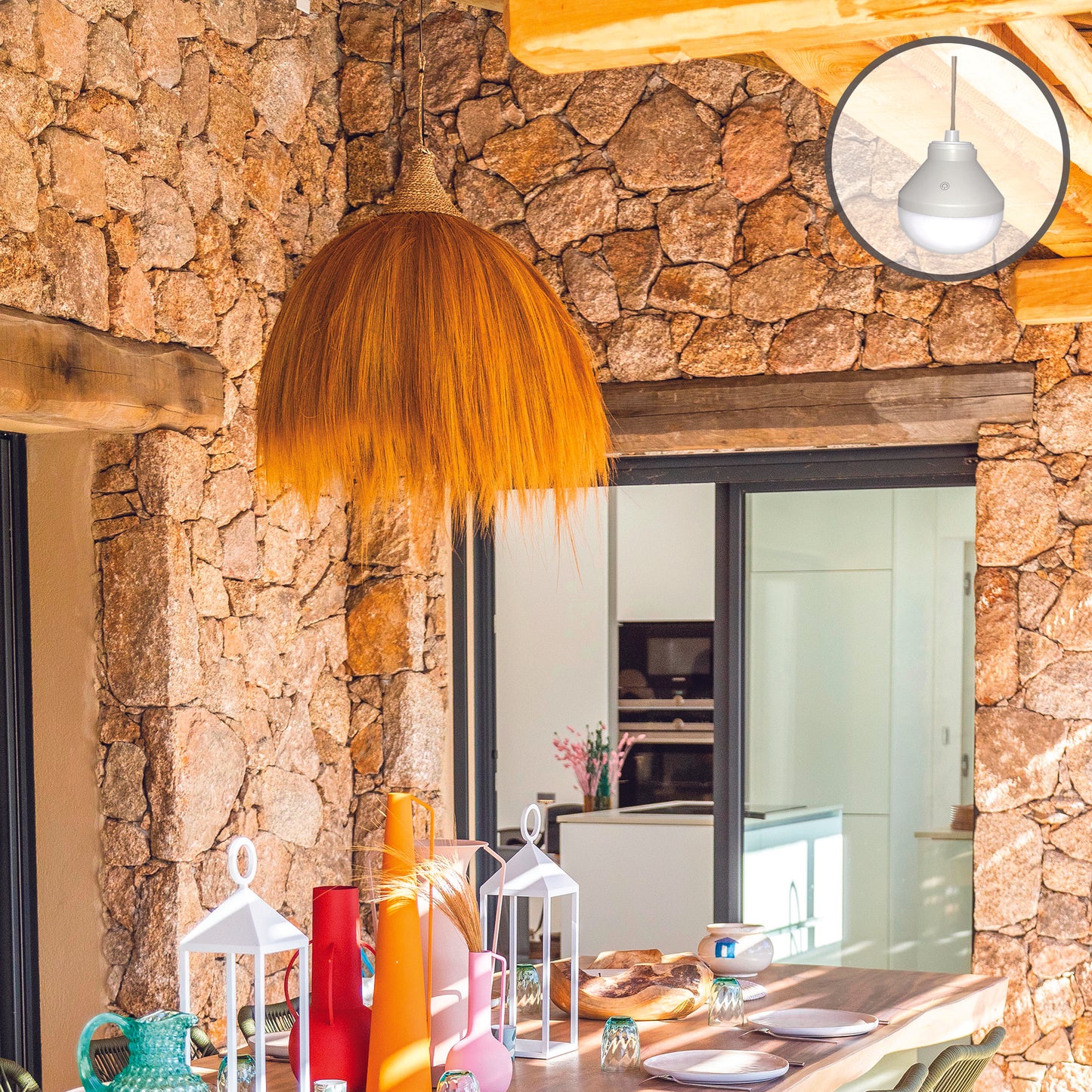 Suspension  XXL BIG MASAI NOMAD en herbe de rayung style bohème avec ampoule LED blanc/RGB nomade