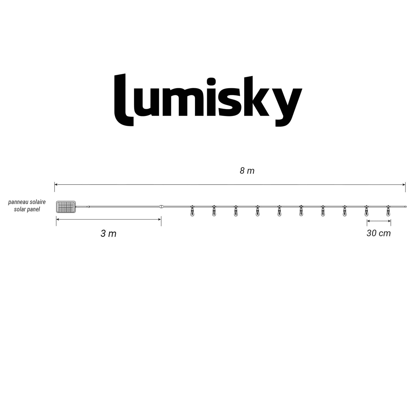 Guirlande lumineuse solaire raccordable 10 ampoules LED blanc chaud dimmable BAMBY LIGHT 8m