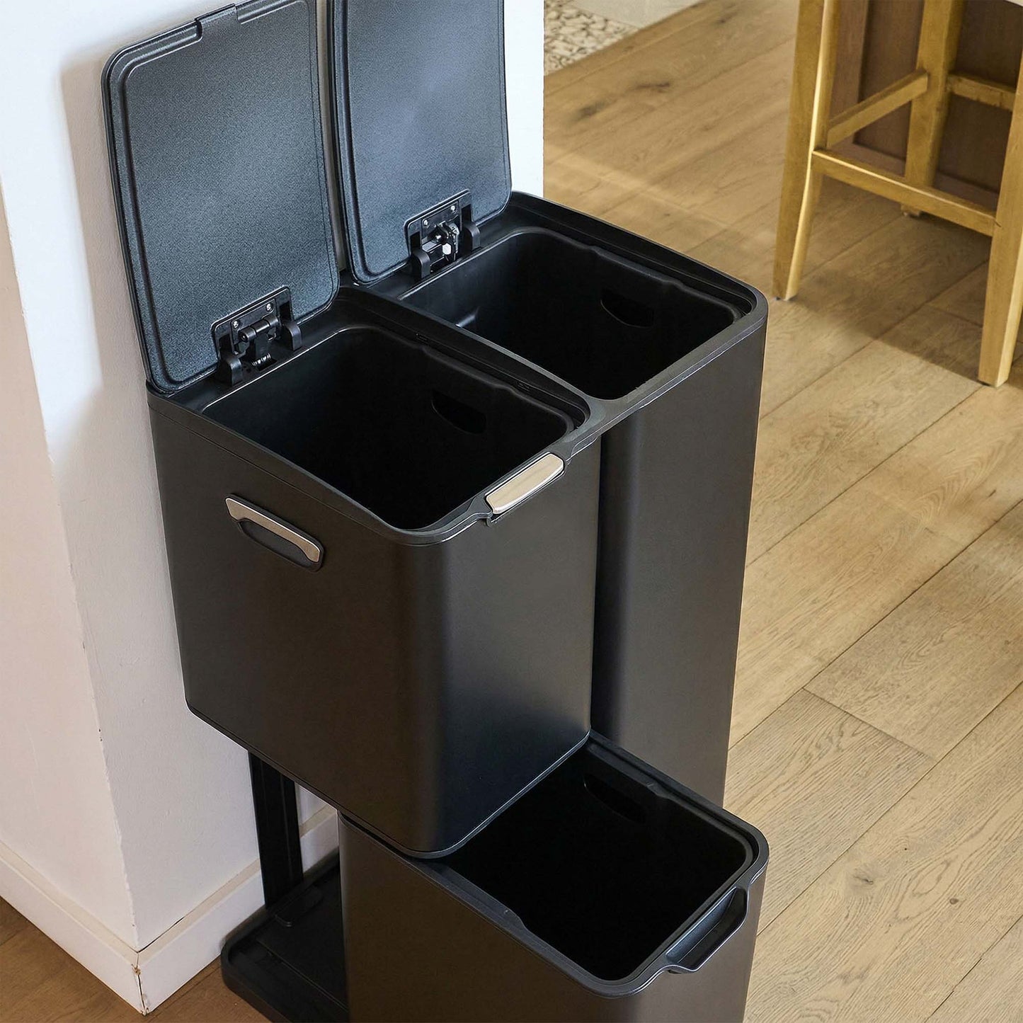Poubelle de cuisine à pédale tri sélectif recyclage 60L(13+17+30L) HAJA en acier Inox Noir avec seau