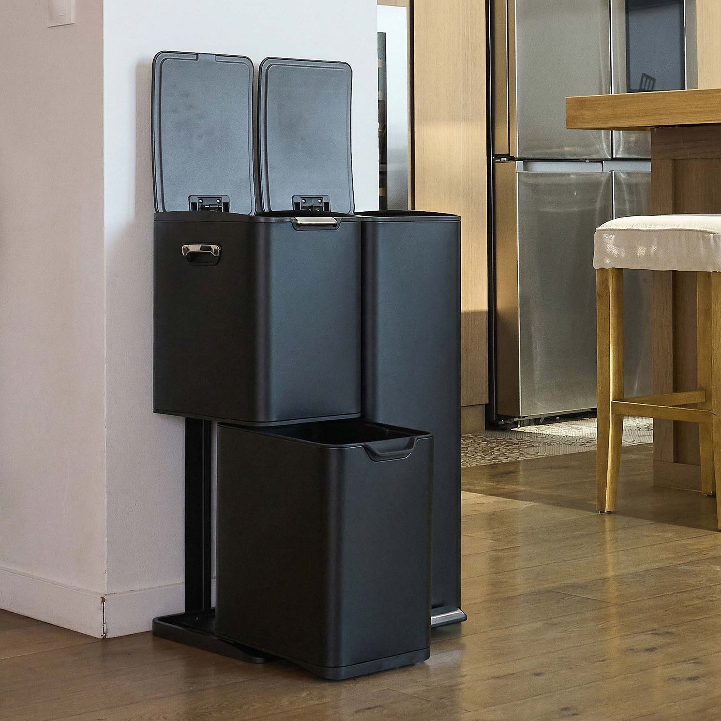 Poubelle de cuisine à pédale tri sélectif recyclage 60L(13+17+30L) HAJA en acier Inox Noir avec seau