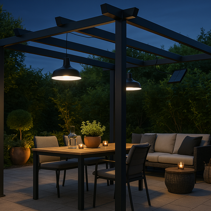 Double suspensions solaires abat-jour métal noir LED blanc froid éclairage puissant 2x WAREN D18cm Cable 5m avec télécommande