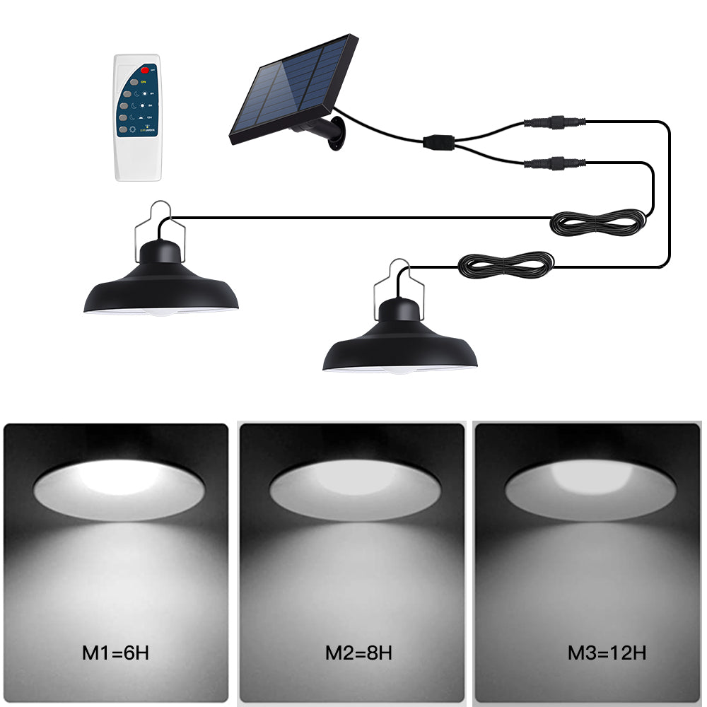 Double suspensions solaires abat-jour métal noir LED blanc froid éclairage puissant 2x WAREN D18cm Cable 5m avec télécommande