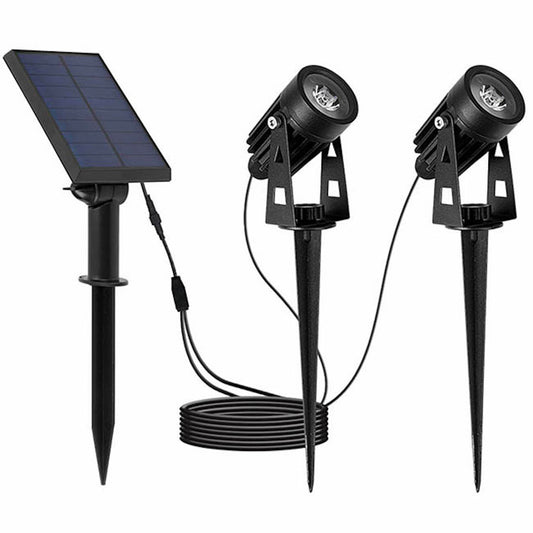 Doubles spots solaires reliés avec panneau solaire déporté 2 en 1 à piquer ou à fixer éclairage puissant LED blanc froid 2x ROUNDY H27 cm