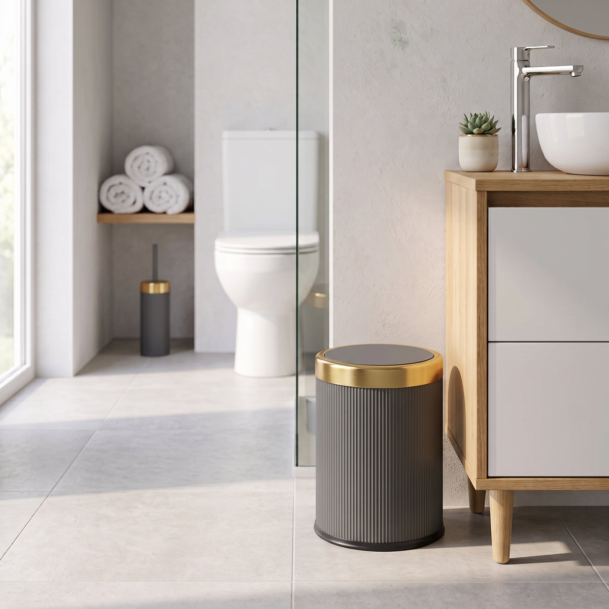 Lot de 3 Poubelle Push en Plastique 8L GLINT Gris et Or