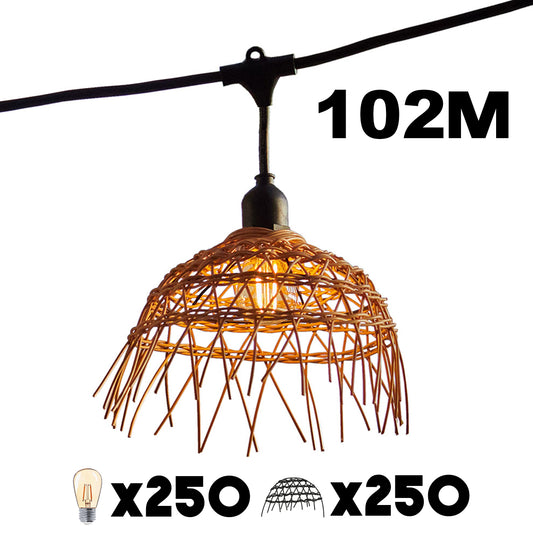 Guirlande lumineuse extérieure raccordable 102m avec 250 ampoules LED filament E27 blanc chaud HAWAII LIGHT Abat-jour polyrotin bohème