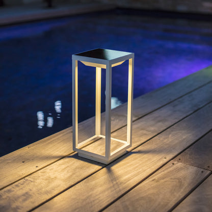 Lanterne sans fil solaire rechargeable à poser ou à fixer au mur en aluminium blanche LED blanc chaud dimmable HYDRA H32,5cm