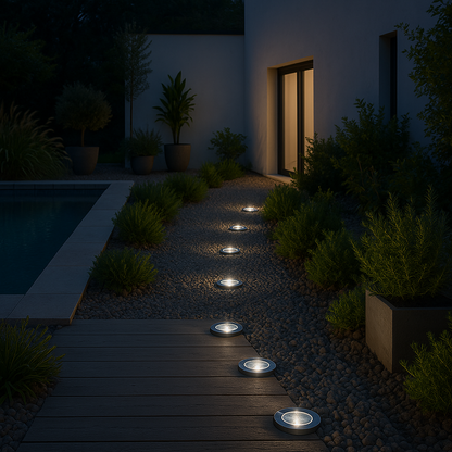 Set mit 8 runden Solarstrahlern aus Edelstahl zum Einbau oder zum Aufkleben, weißes LED DECKY ∅12cm