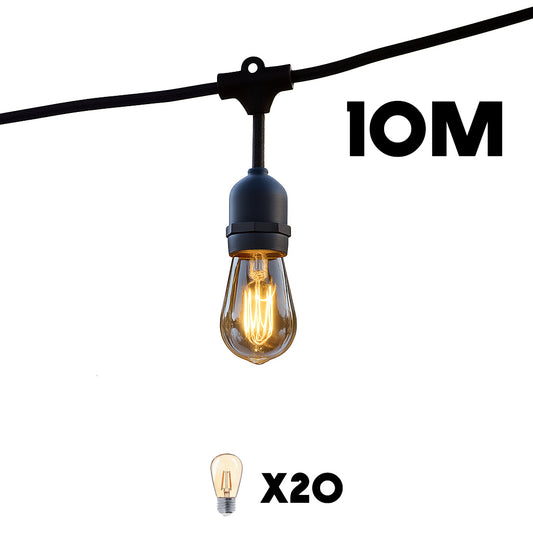Außenleuchtengirlande mit 20 Vintage Filamentbirnen E27 warmweiß LED Fassung MAFY 20 LIGHT 10m sehr hell