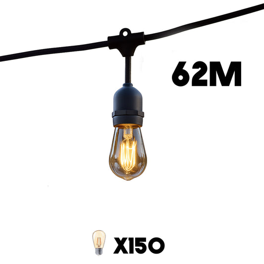 Guirlande lumineuse extérieure raccordable 62m avec 150 ampoules LED filament E27 blanc chaud MAFY LIGHT