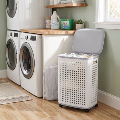 Panier à Linge Sale Pliable 60L LARS avec Couvercle et Roulettes Bac à Linge Plastique Rigide Aéré Anti-Humidité, Corbeille de Rangement Mobile avec Poignées pour Salle de Bain, Buanderie, Chambre et Dressing