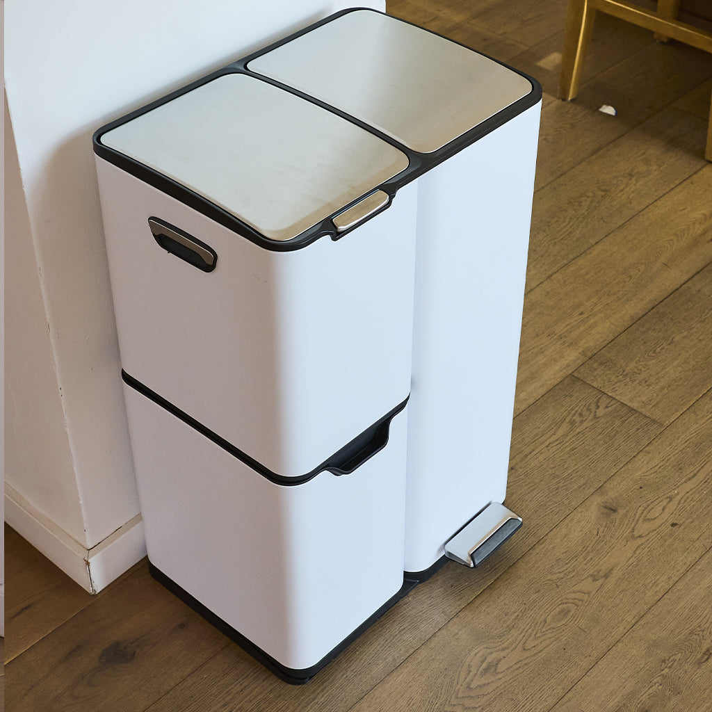 Poubelle de cuisine à pédale tri sélectif recyclage 60L(13+17+30L) HAJA en acier Inox Blanc avec seau