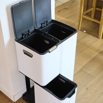 Poubelle de cuisine à pédale tri sélectif recyclage 60L(13+17+30L) HAJA en acier Inox Blanc avec seau