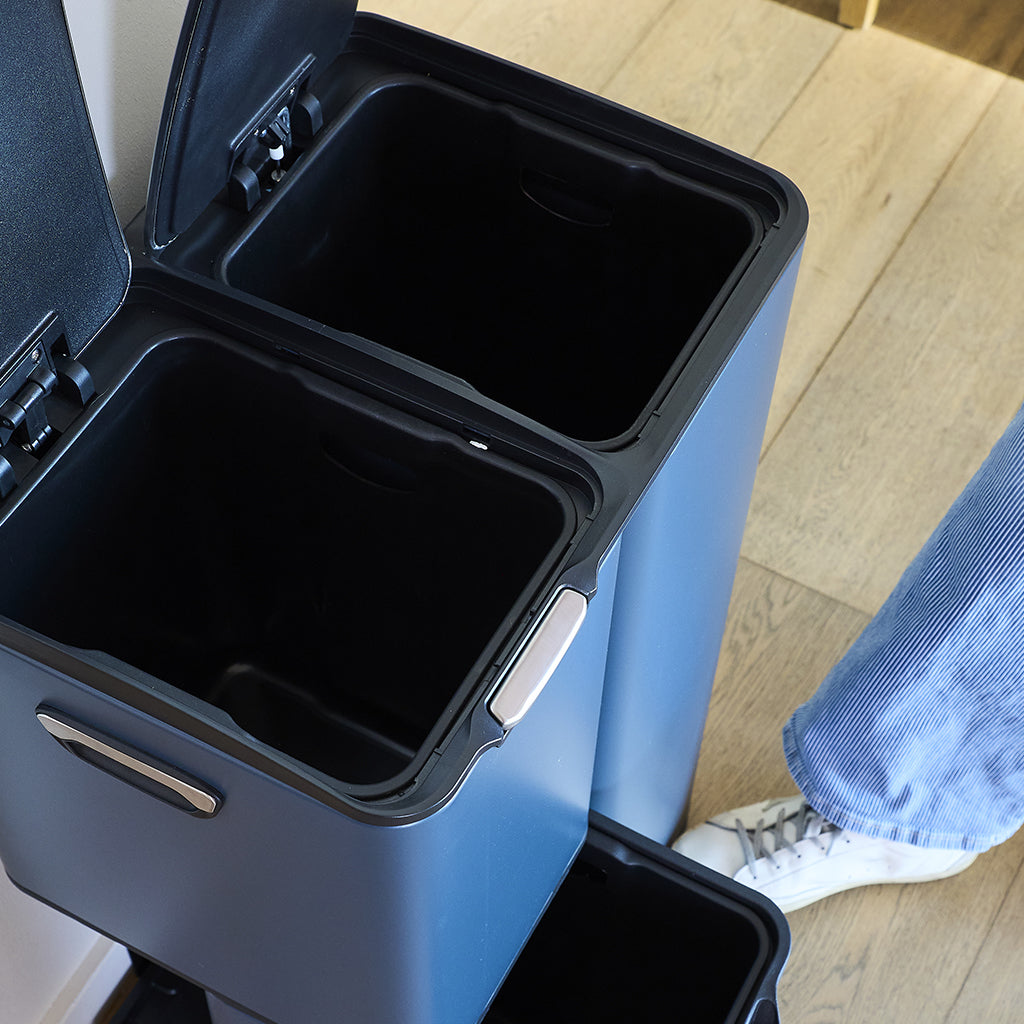 Poubelle de cuisine à pédale tri sélectif recyclage 60L(13+17+30L) HAJA en acier Inox Gris avec seau