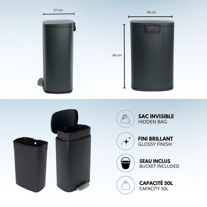 Küchentreteimer 50L Design ADMIRAL Mattschwarz in Edelstahl mit Eimer und Softclosing