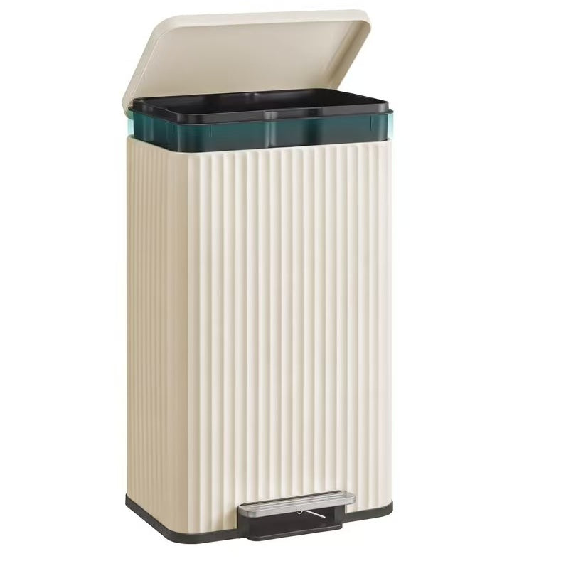 Poubelle de Cuisine à Pédale 50L LINE — Grand Bac à Déchets Rectangulaire Strié en Acier Inoxydable avec Couvercle Soft-Close Anti-Odeurs, Crème Mat