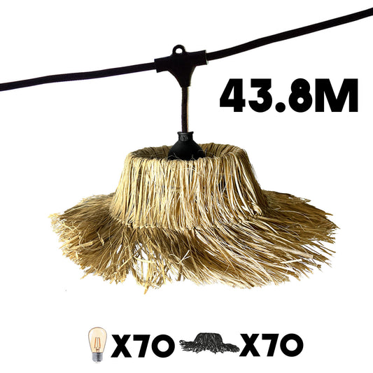 Guirlande lumineuse extérieure raccordable 43.8m avec 70 ampoules LED filament E27 blanc chaud TAHITI LIGHT Abat-jour en paille bohème