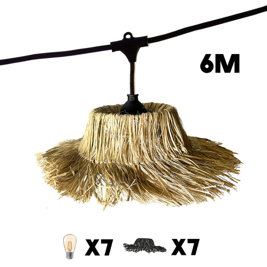 Außen anschließbare Lichterkette mit Strohschirm im Bohemian-Stil 7 Glühlampen E27-Fassung warmweiß LED TAHITI LIGHT CONNECTABLE 6m