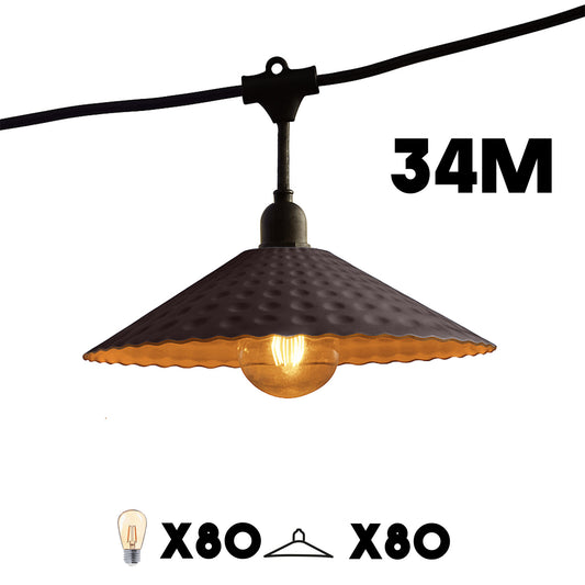 Guirlande lumineuse extérieure raccordable 34m avec 80 ampoules LED filament E27 blanc chaud VINTY LIGHT et abat-jour en métal style vintage