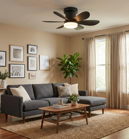 Ventilateur de Plafond 52cm avec Lampe LED MISTRAL Petit Ventilateur Silencieux Chambre Enfant Bureau Cuisine Moteur DC Basse Consommation Réversible Ete Hiver avec Telecommande Noir