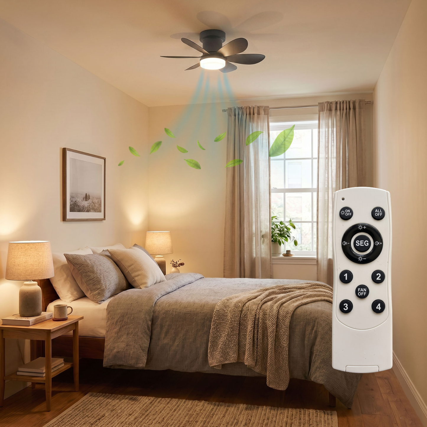 Ventilateur de Plafond 52cm avec Lampe LED MISTRAL Petit Ventilateur Silencieux Chambre Enfant Bureau Cuisine Moteur DC Basse Consommation Réversible Ete Hiver avec Telecommande Noir