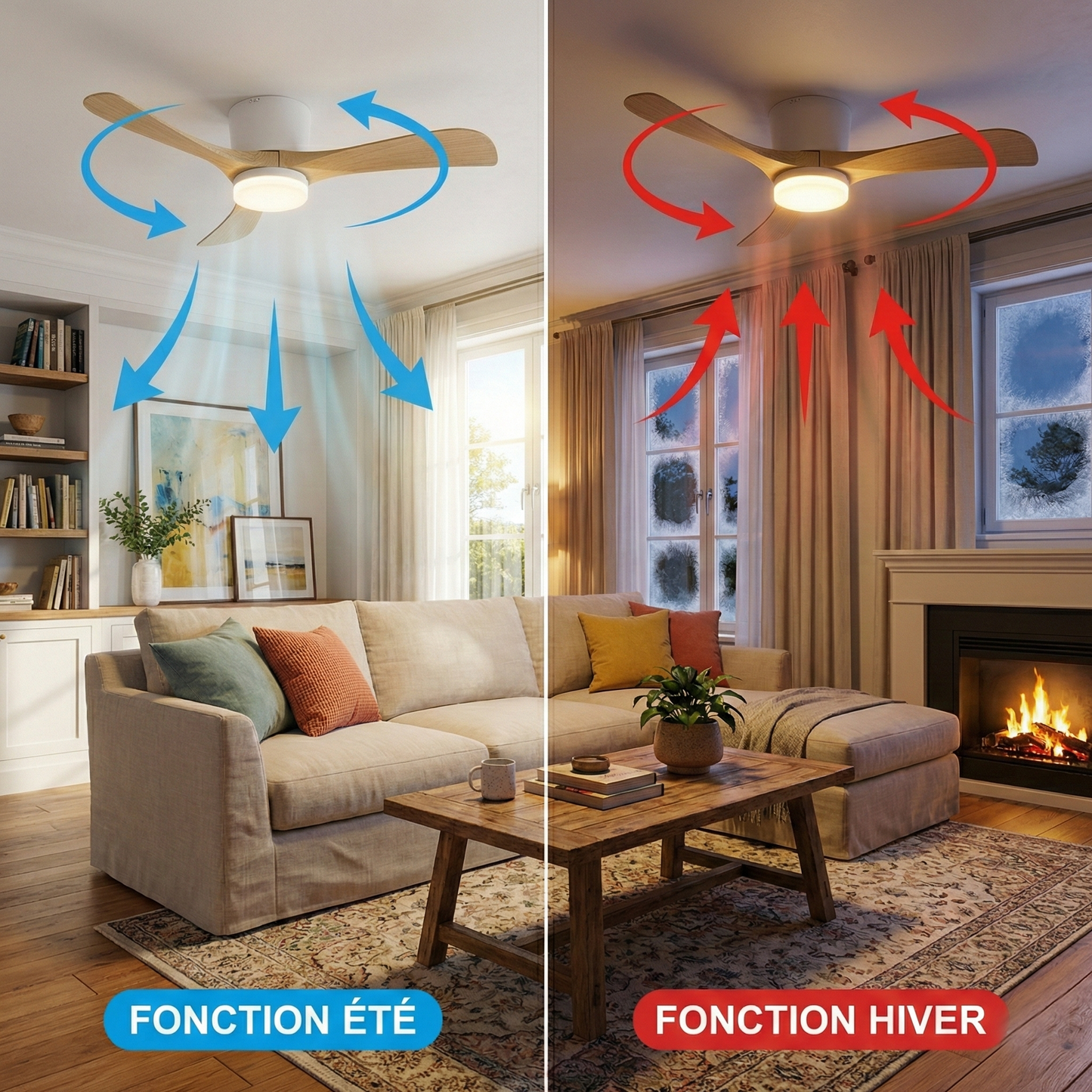 Grand Ventilateur de Plafond ALIYA 132cm avec Éclairage LED 20W Intégré Ventilateur Silencieux pour Grand Salon Séjour et Loft Moteur DC 30W Basse Consommation Réversible Mode Été Hiver avec Télécommande Plafonnier XL 2100 Lumens Blanc et Effet Bois