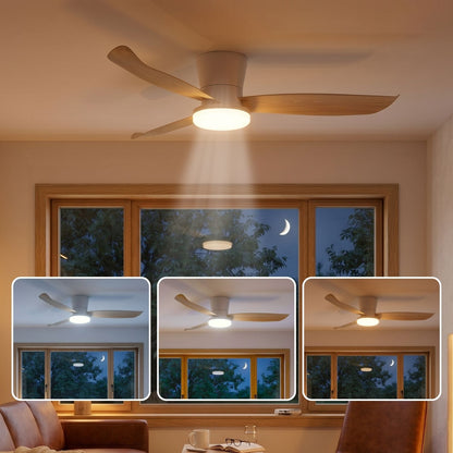 Ventilateur de Plafond BOREAL 107cm avec Éclairage LED 30W Intégré Grand Ventilateur Silencieux 35dB pour Salon Chambre Salle à Manger Moteur DC 30W Basse Consommation Réversible Mode Été Hiver avec Télécommande 2100 Lumens Blanc et Bois