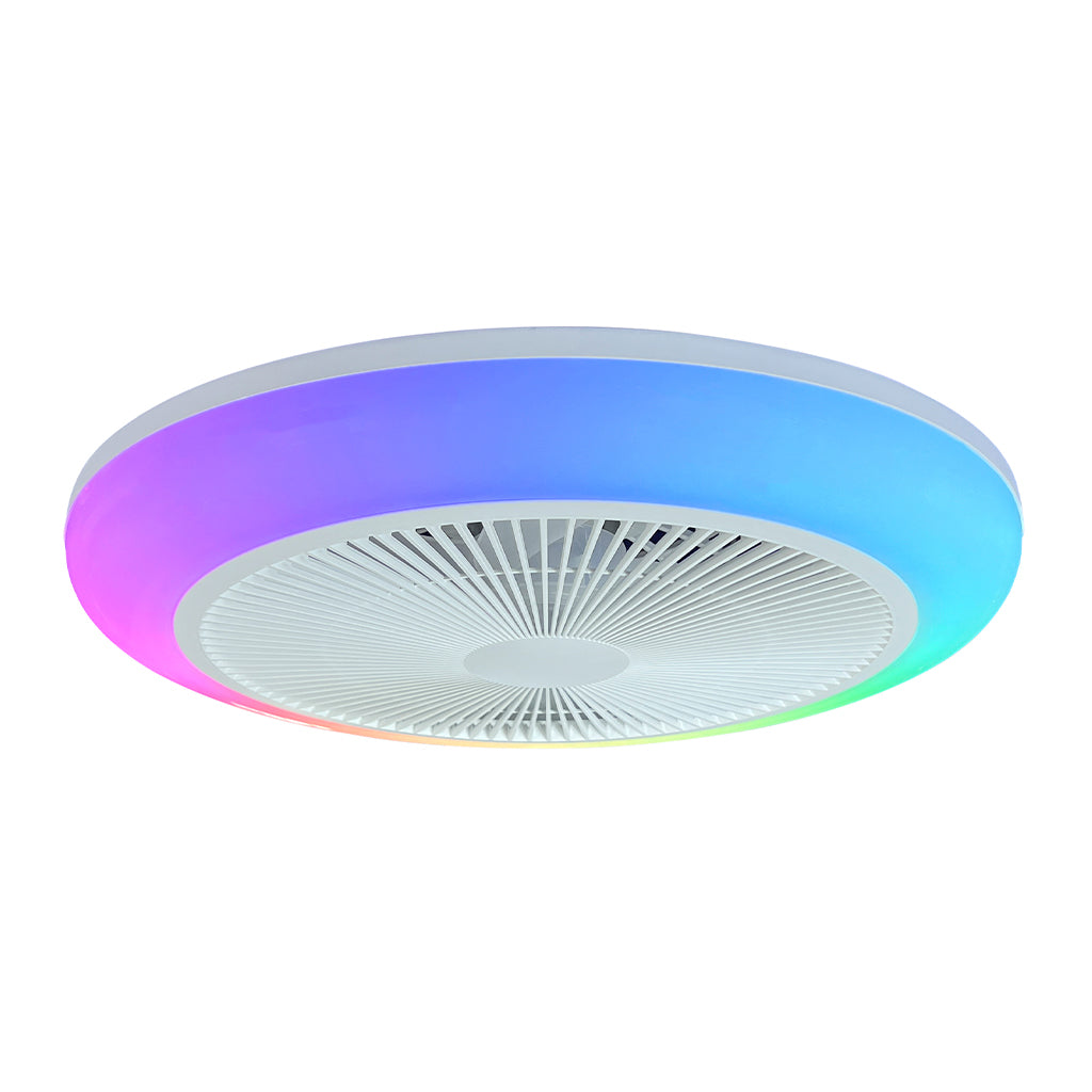 Ventilateur de Plafond Compact LAGUNA 46cm avec Éclairage LED RGB Multicolore 24W Puissant Petit Ventilateur Silencieux 40dB pour Chambre Enfant et Bureau Moteur DC 10W Basse Consommation Sécurité Maximale avec Télécommande Plafonnier 3500 Lumens Blanc