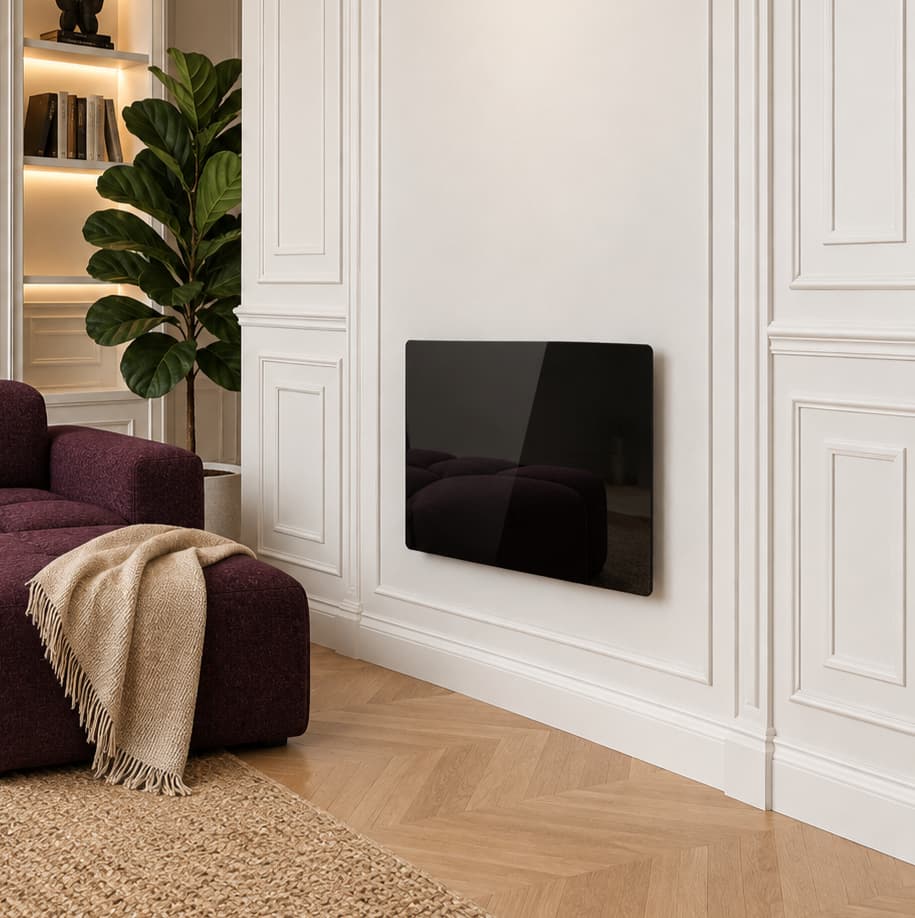 Radiateur électrique noir à inertie sèche bloc CERAMIQUE + facade VERRE écran LCD 1000W GLASS Norme NF